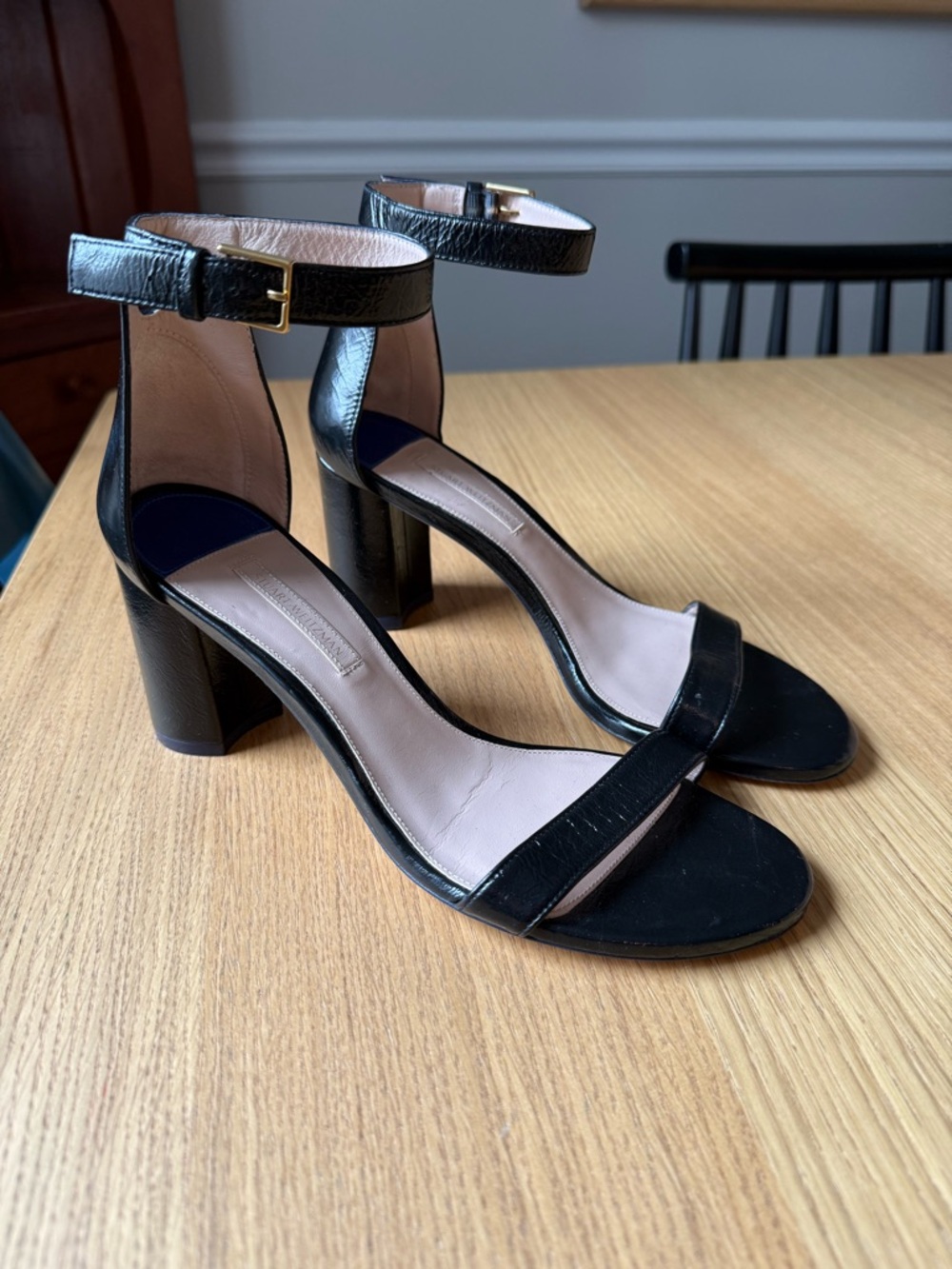 Stuart Weitzman Black Leather Ankle-Strap Block Heel Sandals